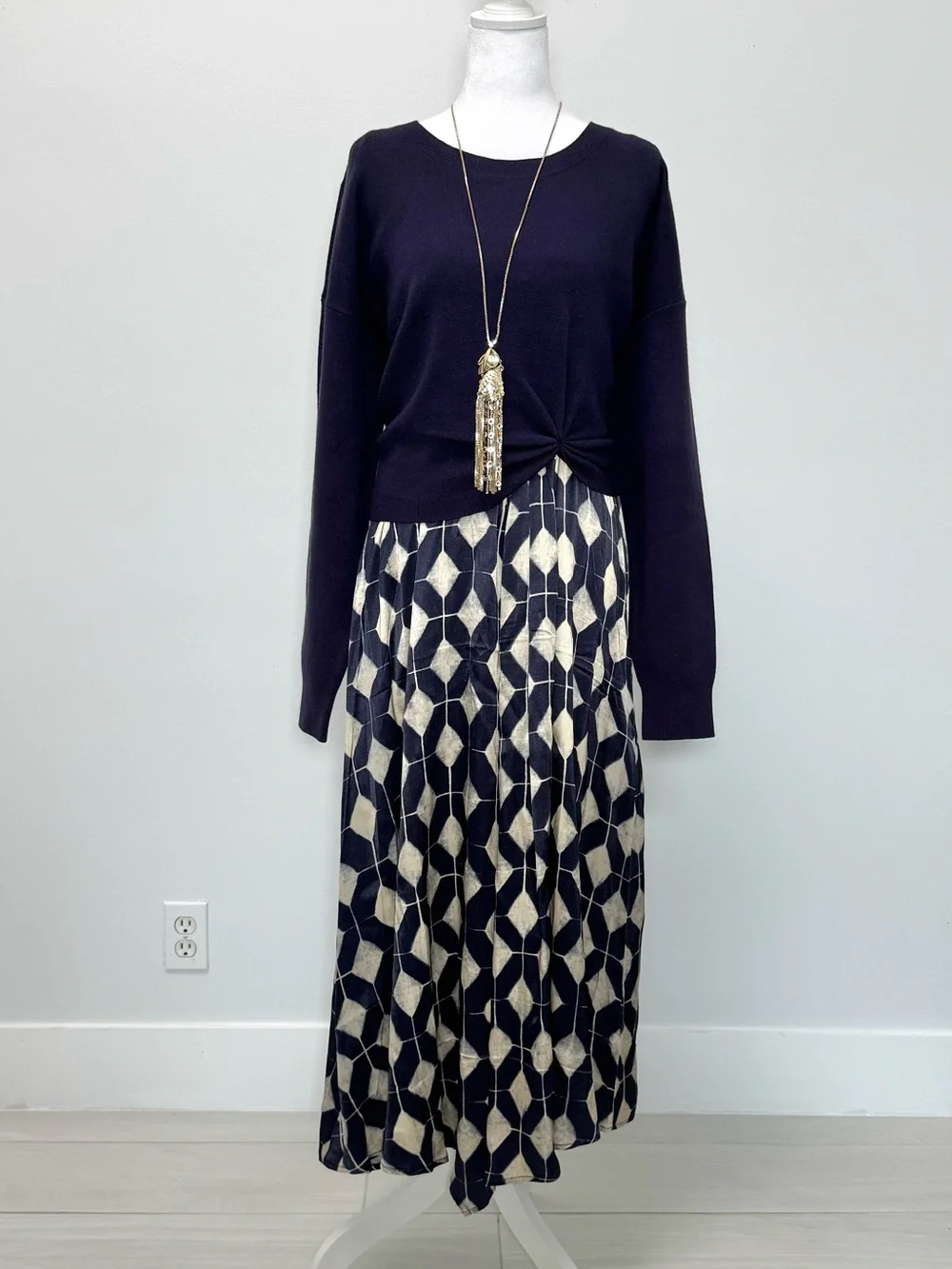 Anthropologie Boho Coastal Twofer Maxi Sweater Dress NWT XL Navy Geometric
